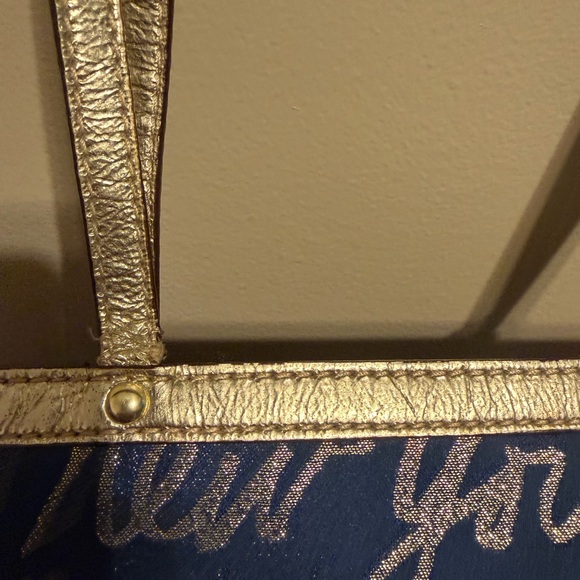 Coach Y2K Blue Gold Script Canvas Tote Shoulder Bag Hearts Charm Zip Top - Picture 5 of 16